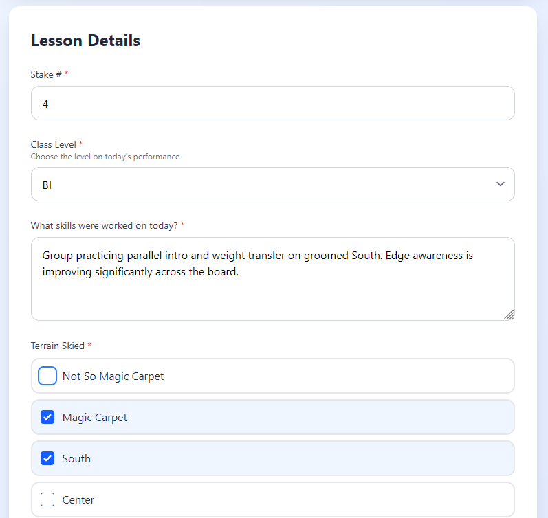 Response form — lesson details and terrain selection step