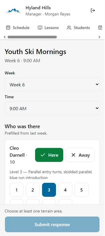The response form on a phone: week and time, each student with Here or Away and a row of level buttons, and a submit bar that says what is still missing